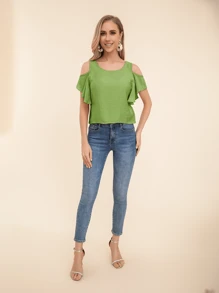 Blusa ribete con fruncido de hombros descubiertos - Verde - Ver 7