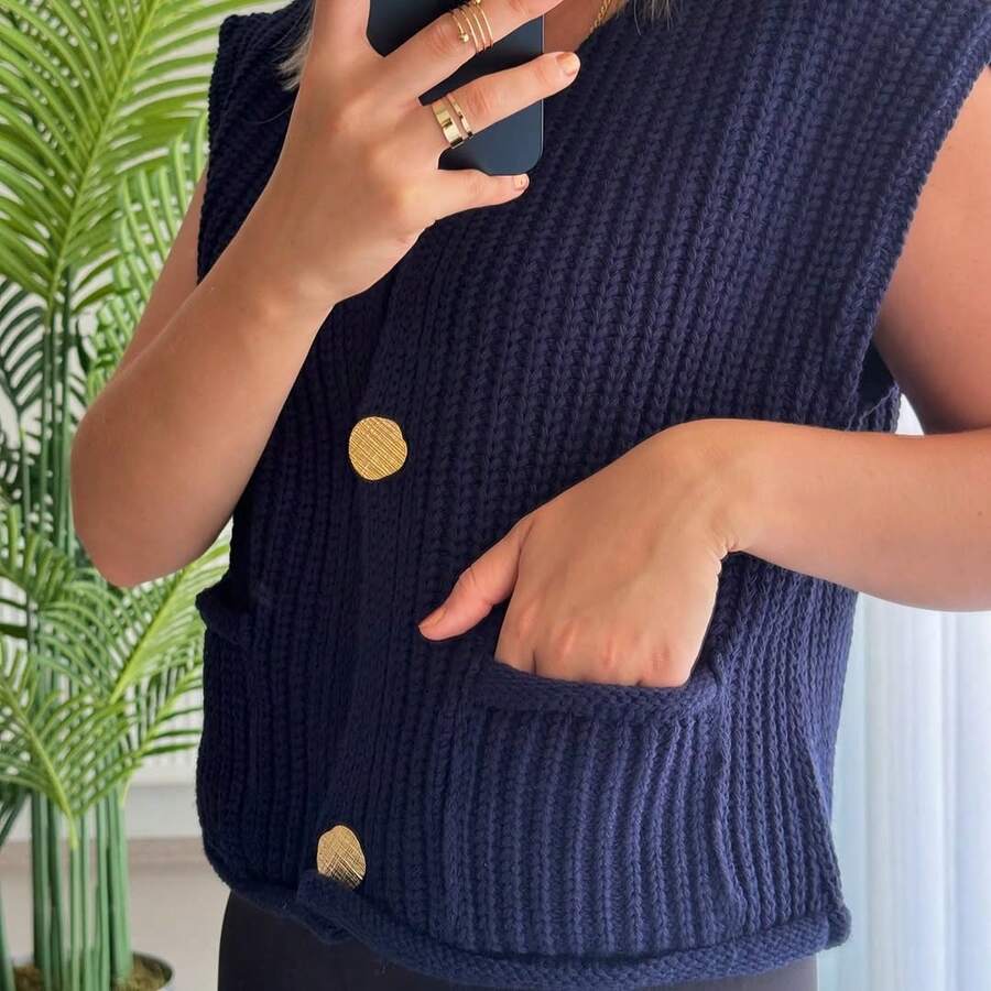 Áo len dệt kim nữ mùa xuân hè áo khoác không tay mùa xuân thu áo thun trơn bó giản dị