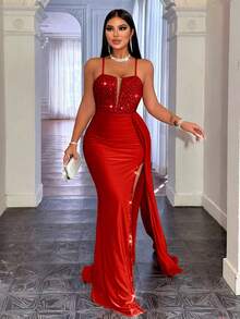 优雅亮片拼接高开衩吊带派对连衣裙，适合休闲婚礼和春季穿着 - 紅色 - 查看 6