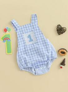 Baby Boys Rompers 1st Birthday Clothes Letter Embroidery Sleeveless Summer Bodysuits Jumpsuits - 藍色 - 查看 4