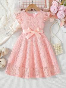 Kids Girls Dress Lace Fly Sleeve Round Neck Casual Dress Toddler Fashion Summer Dress With Belt - 粉色 - 查看 1