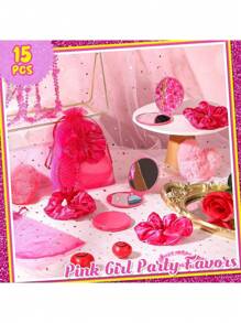 12/20Pcs Pink Party Favors Set - Bridal Shower Gifts, Stretchable Scrunchies, Mirrors, Hair Brushes, Mesh Gift Bags, Hair Accessories For Wedding, Proposal, Birthday Party Supplies Back To School Valentine's Day - Pink - View 6