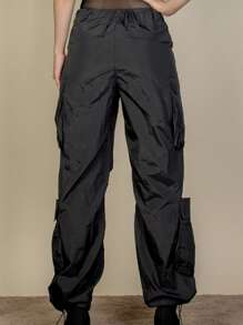 Women's Casual Boho Flap Pockets Drawstring Ruched Parachute Pants - 黑色 - 查看 5