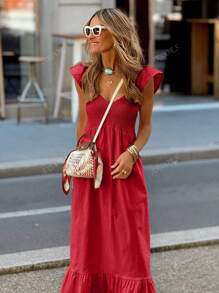Vestidos de primavera y verano para mujeres, vestido de vacaciones rojo, moda casual, vestido sencillo y cómodo sin tirantes, diseño elegante con mangas de vuelo, vestidos largos para mujeres