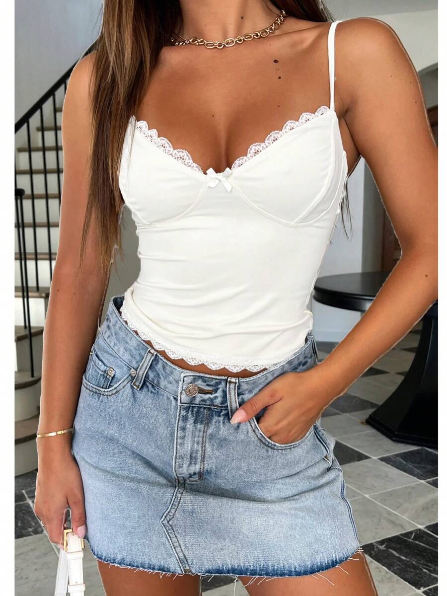 Women Spaghetti Strap Camisoles Summer Crop Tops Lace Trim V-Neck Sleeveless Backless Tank Tops Summer Vests Beachwear - 白色 - 查看 1