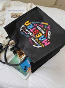 Maestra 手提袋和化妆包套装，包含 1 个手提袋和 1 个零钱包，大容量亚麻购物袋，饰有心形图案、铅笔、尺子、花朵、回形针图案，可收纳护肤品和化妆品。 - 黑色 - 查看 5