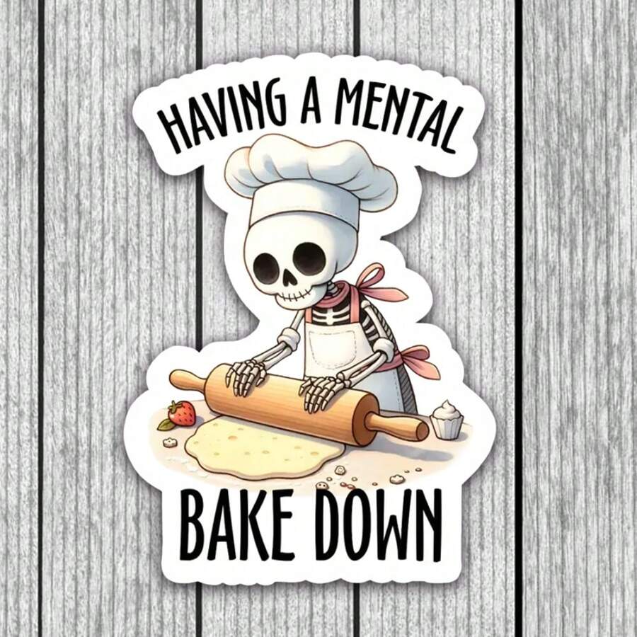 骷髅烘焙贴纸，“我正在精神烘焙”幽默乙烯基贴花，有趣的厨房贴花，给面包师和厨师的礼物，恐怖烘焙贴花 - 彩色 - 查看 1