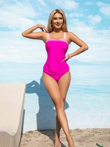 2pcs Women Tankini Set With Tummy Control, Square Neckline Modest Swimwear, For Summer Beach Vacation