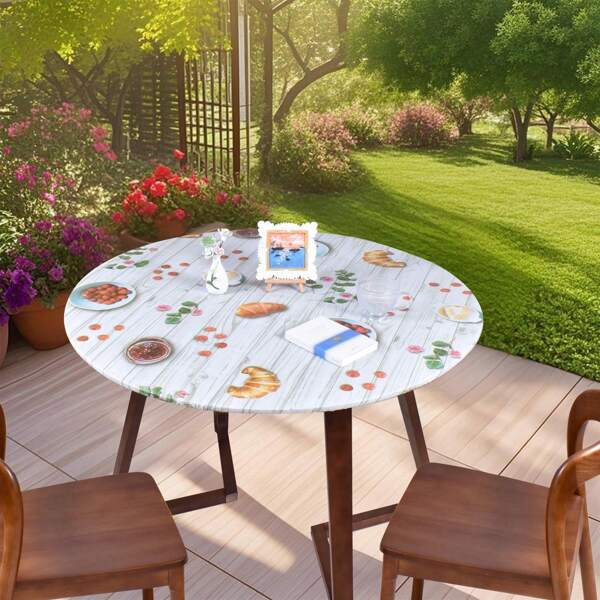 1pc Round PVC Tablecloth With Flannel Backing, Elastic Edge Design, Waterproof Oil-Proof Wipe Clean Vinyl Table Cover For Round Table