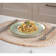 Famiware Saturn Dinnerware Sets, Plates And Bowls Sets For 4, 12 Pieces Stoneware Dish Set - Chip And Scratch Resistant, Microwave And Dishwasher Safe Tableware Set, Light Green With Brown Rim