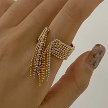 时尚不锈钢串珠流苏开口戒指，18K 金 INS 风格优雅戒指，可调节尺寸，百搭女士戒指