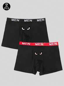 2pcs/Set Men's Simple Fashionable Eye Print Comfortable Breathable Elastic Daily Boxer Briefs - Black - View 6