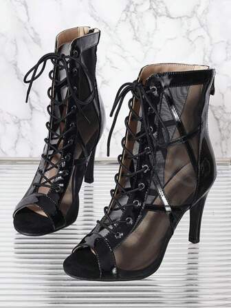 1 Pair Women's Black Lace Up High Heel Shoes, Cool Stiletto Heels, PU Leather & Mesh Upper, Fashionable Comfortable High Heel Jazz Dance Boots, Ballroom Dance Shoes, Suitable For Banquets, Parties, Dances, Holiday Gifts