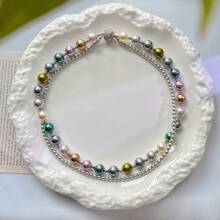 1pc Double-Layer Twisted Retro Mixed Bright Crystal & Faux Pearl Necklace, Fashionable Choker Necklace For Women, Suitable For Daily Matching, Mother's Day Gift - Picture Color - View 8