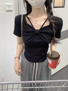 Unique Square Neck Short Sleeve T-Shirt, Bow Detail Design, Slim Fit & Flattering