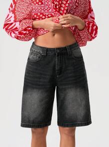 Women's Knee Length Denim Shorts Loose Solid Color Low Rise Wide Leg Long Shorts With Pockets For Summer - Dark Grey - View 2