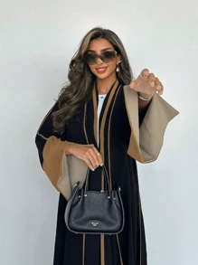 Women's Dubai Inspired Open Front Long Robe, Elegant Style With Stitching & Oversized Sleeves, Modest Kaftan - Brown - View 5