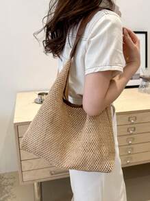 Summer Straw Shoulder Tote Bag With Free Small Bag - Coffee Brown - View 1