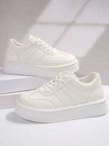 Thick Sole Women White Sneakers, Versatile Casual Outdoor Travel Walking Lightweight Tennis Shoes - White - View 2