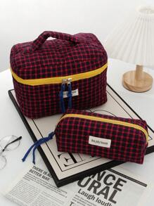 1 PC Set Of Red Checkered Pattern Makeup Bag, Checkered Decoration, Handheld Travel Makeup Bag, Simple Large Capacity Makeup Bag, Suitable For Wallets, Lipsticks, Sanitary Napkins, Mats, Coins, And School Dormitories. Suitable For Women, Girls, Students, And Holiday Gifts. Holiday Essentials Travel Essentials Travel Bag Travel Accessories - Red - View 3