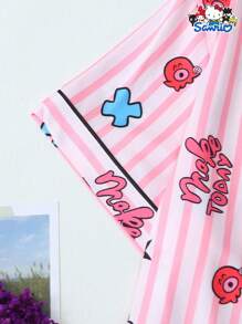 2 件套女士 Sanrio Hello Kitty 印花 Polo 领短袖纽扣口袋上衣和蝴蝶结短裤睡衣套装，适合家居服，春夏季 - 粉色 - 查看 5