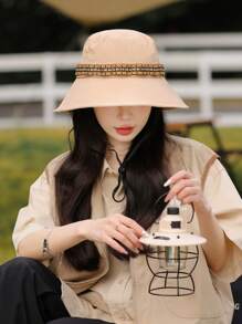 1 pieza Sombrero de cubo de unicolor con banda tejida para mujeres, casual y de moda, liviano y transpirable para protección solar, adecuado para actividades al aire libre, viajes, campamento, senderismo, diseño unisex para uso diario, primavera/verano