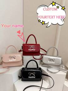 1pc Customizable Text, Name Gentle And Sweet Bow Fashionable Handbag Versatile Ins Shoulder Messenger Bag Fashionable And Gentle Small Square Bag With Bow Decoration Pu Material Magnetic Buckle Closure Messenger Bag, High-End Solid Color Matching, Suitable For Girls Shopping Daily Use, Put Mobile Phones And Wallets, Girls Princess Style Handbag Messenger Bag - Bow Handbag - View 1