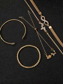 5pcs Set Of Fashionable, Simple, Exquisite, Elegant Butterfly, Heart, Flower, Tulip, Water Drop Rhinestone Studded, Sparkling Infinity Symbol Charm Bracelets, Suitable For Festivals, Parties, Dates, Gifts