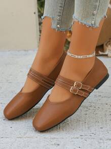 跨境大码36-43新款法式玛丽珍棕色双扣低帮方头平底鞋，日常工作时尚百搭轻便舒适柔软芭蕾平底鞋，适合女士，春秋季