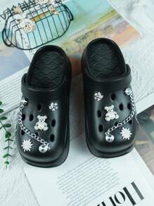 Fashion Women Cartoon Bear Printed Increased Height Cute Simple Spring Autumn Winter Summer Home Indoor Outdoor Casual Dating School Student Girl DIY Handmade Hollow Hole Shoes Travel Wear-Resistant Non-Slip Waterproof Quick-Dry Hole Hole Shoes Slippers - Black-pearl Bear - View 4