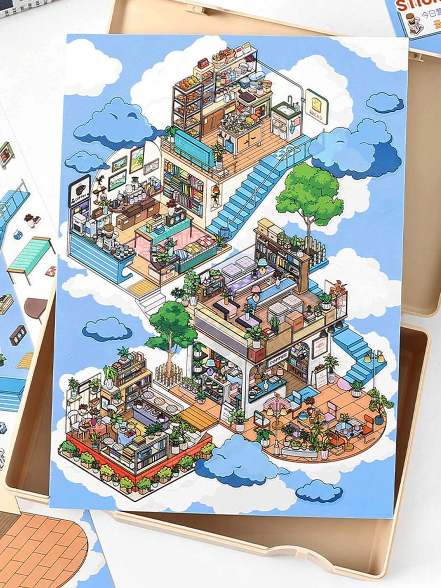 4pcs Infeel.Me PET 2.5D Mini House Scenery Stickers, 'Open Today' Series, Suitable For Gifts, Office, Home, Marking, Labels, Classrooms, Toys, Student Planner Decor, DIY Decorative Stickers