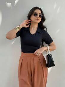 Women's Polo Neck Blouse Suplex Modal Wandinha V-Neck Sleeve Baby Look - Black - View 3