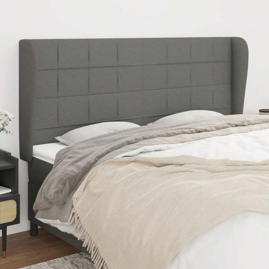 Tête de lit avec boucles d'oreilles Gris foncé 163x23x118/128 cm Tissu