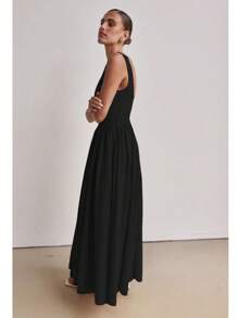 Women Sleeveless Round Neck High Waist Slim Backless Zipper A-Line Maxi Dress - Black - View 5