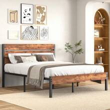 VECELO Queen Size Bed Frame With Wood Headboard, Metal Frame, Noise-Free Industrial Bed, Full & Twin Options, Platform Bed, Brown - 棕色 - 查看 7