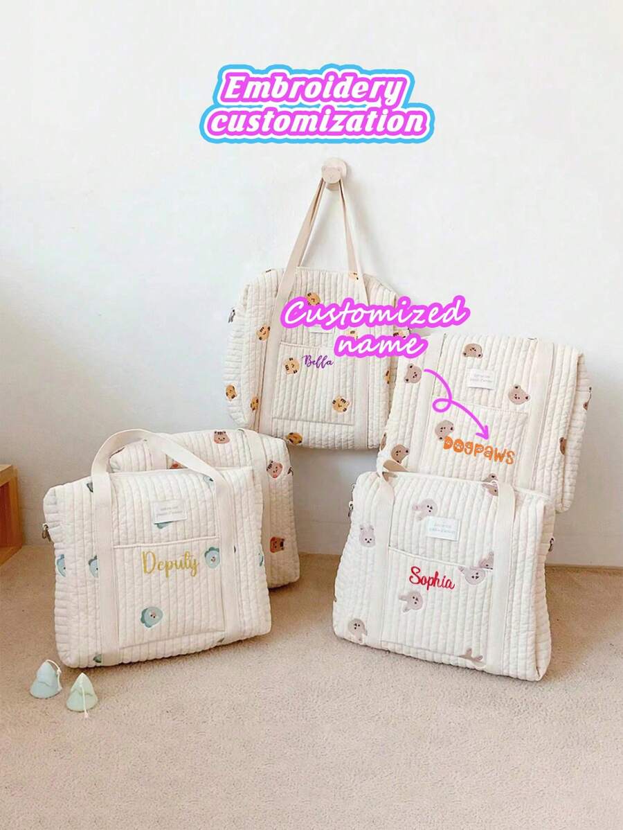 1pc Customizable Multi-Function Bear Mommy Bag, Customized Embroidered Letter Large Capacity Stroller Hanging Bag, Cosmetic Bag, Portable Toiletry Bag, Suitable For Daily Use Or As A Gift For Family, Friends, Christmas, Easter, New Year, Mother's Day, Women's Day, Valentine's Day, Teacher's Day, Nurse's Day, Birthday - Multicolor - View 1