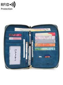 MIYIN RFID Blocking Passport Cover Card Holder With Card Slot ID Window,Solid Color PU Letter&Airplane Pattern Portable Passport Clip Ticket Clip Bank Card Bag Versatile Zippered Mobile Phone Travel Passport Wallet For Men And Women, With Wrist Strap,For Travel Flight Go Abroad For Business,Passport Holder Passport Case Passport Bag Travel Accessories Back To School Stuff (Peacock Blue)