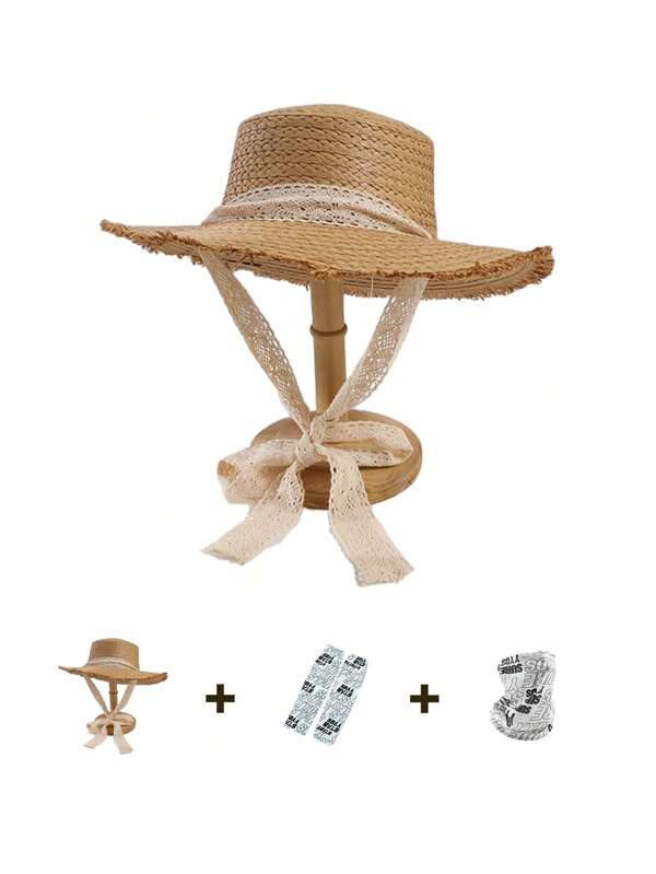 3 pièces/set Chapeau à large bord offrant une protection UV pour l'été et les voyages en extérieur, ensemble complet avec manches de bras et masque facial assortis. Chapeau de paille plat avec garniture en dentelle pour femmes.