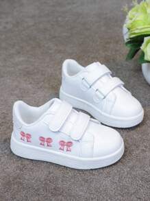 1 Pair Kids Versatile Breathable White Sneakers With Embroidered Bow, Chinese Knot Decor, Fashion Casual Patchwork Flat Shoes For Boys And Girls