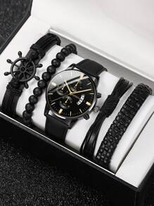 Set de 5 piezas de relojes vintage para hombre - Pulsera de cuerda de cuentas hecha a mano, reloj de piel de PU con pantalla de calendario precisa, cómodo para uso casual y deportivo, regalo ideal para él