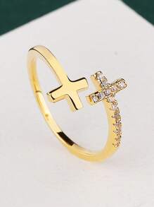 1pc Elegant Cross Design Zirconia Adjustable Ring, Golden Color, Ideal For Festivals, Parties, Or Gifting To Friends