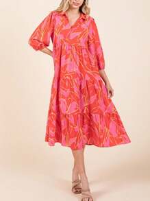 Womens Casual Boho Chic Floral Print Tiered Midi Dress Tropical Orange Pink Abstract Pattern V Neck Three Quarter Puff Sleeve Loose Fit Summer Beach Vacation Party Dress