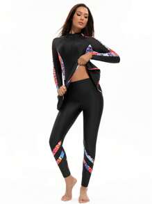 2pcs Set Women Sporty Letter Print Long Sleeve Top And Long Skirt/Pants, Sophisticated, High Stretch, Slimming, Modest, Suitable For Spring/Summer, Beach, Pool Party, Surfing, UPF Protection, Quick Dry