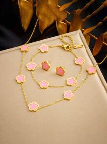 3pcs Women Fashion Elegant 5-Leaf Flower Bracelet, Necklace, Earrings Set, Stainless Steel Non-Fading, Suitable For Daily Wear, Good Gift For Friends