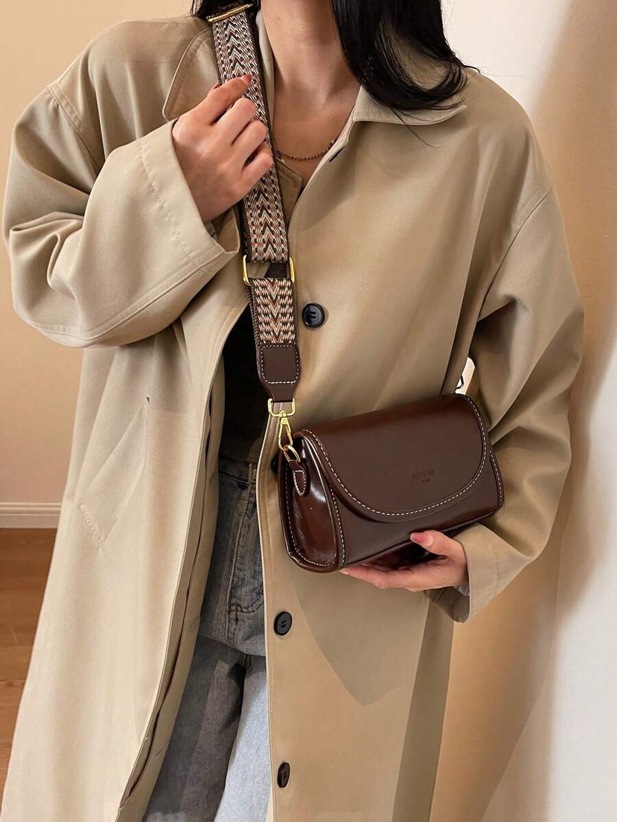 Vintage Chic Wide Strap Shoulder Square Bag - Stylish Solid Color Flap Crossbody Purse With Adjustable Strap For Women - Perfect For Daily Use And Travel - Coffee Brown - View 1