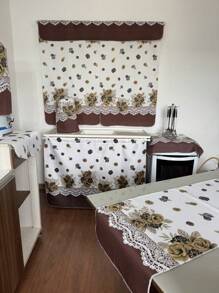 Kitchen Set Kit 10 Printed Pieces Window Curtain Table Runner Sink Curtain Tea Towel Placemat - flores marrom - 查看 2