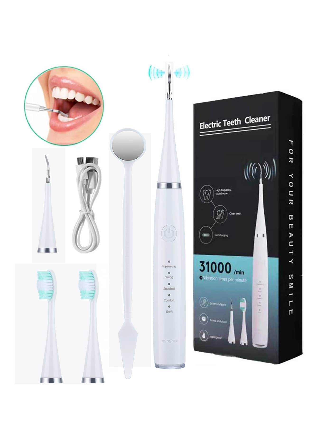 Electric Toothbrush Tartar Remover, Stain Remover With 3 Replaceable Cleaning Heads, 5 Adjustable Modes, Mouth Mirror - USB Rechargeable Dental Cleaning Tool