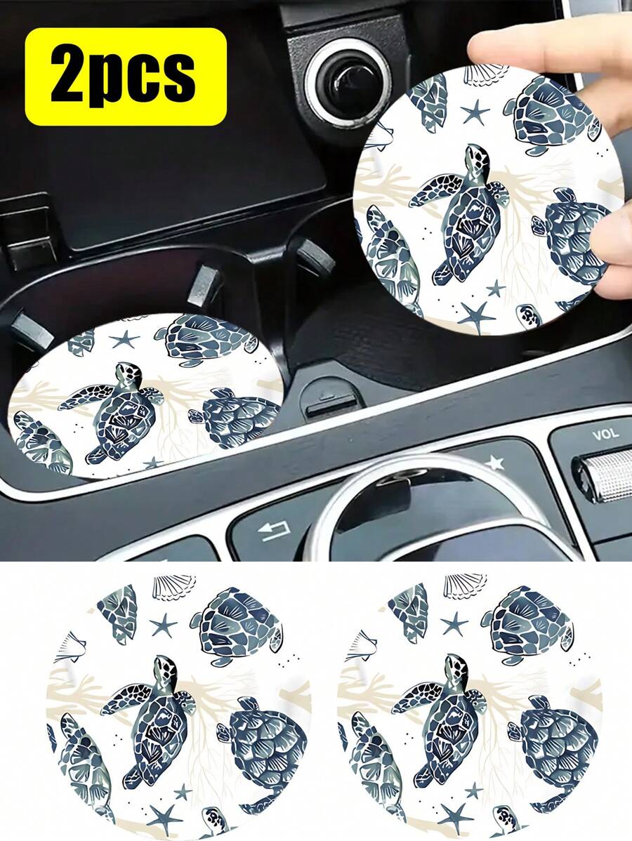 2 件可爱迷你海龟杯垫，个性化汽车装饰，人造皮革防水防尘高清图案 - 防滑材料，适用于汽车内饰，适合作为生日礼物