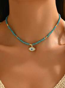 1pc Retro Latin Style Rhinestone Zinc Alloy Evil Eye Beaded Necklace, Suitable For Women Daily & Holiday Wear - Blue - View 2