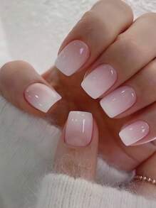 24 Pcs Ombre Press On Nails Short, Square Fake Nails With Nail Glue, Pink White Ombre Glue On Nails False Nails For Women